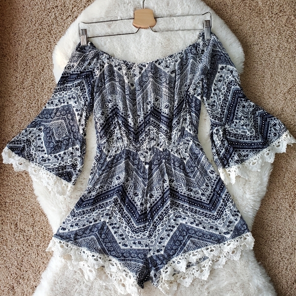 See You Monday Pants - Navy Off Shoulder Romper with Lace Trim